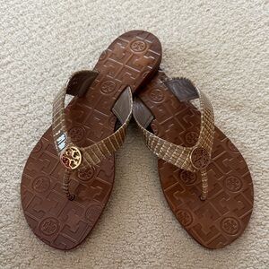 Tory Burch Brown Woven Logo Thong Sandals